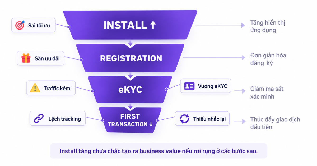 Finance app funnel từ install, eKYC, giao dịch đến LTV.