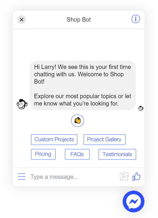 Chatbot chào mừng trong FB Messenger (Ảnh: mobilemonkey.com)
