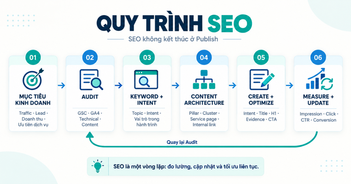 Quy trình SEO kết nối dữ liệu, nội dung và technical thành một hệ thống