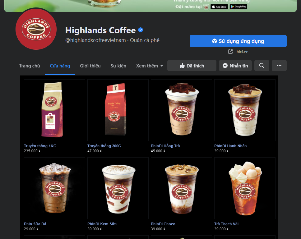                                                                                  Gian hàng Facebook của Highlands Coffee