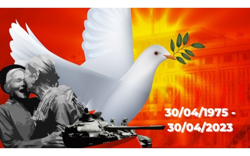 Background 30 4 1 5 với hình ảnh kỉ niệm ngày Giải phóng miền Nam bên cạnh cánh chim bồ câu biểu tượng cho sự hòa bình.