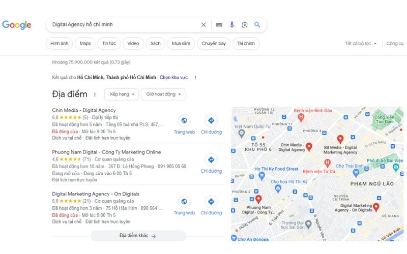 Khi search Digital Agency Hồ Chí Minh, Google Maps tự động được hiển thị trên trang tìm kiếm.