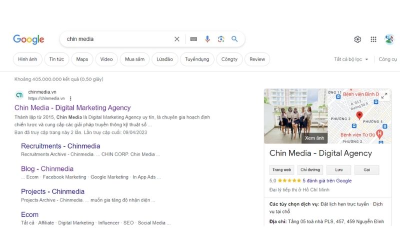 Khi Search Chin Media trên Google, danh sách GMB của Agency này sẽ được hiển thị trong bảng điều khiển bên phải.